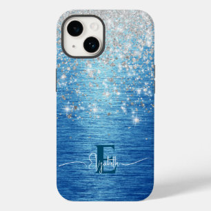Modern Blue Brushal Metal Silver Glitzer Monogram Case-Mate iPhone 14 Hülle