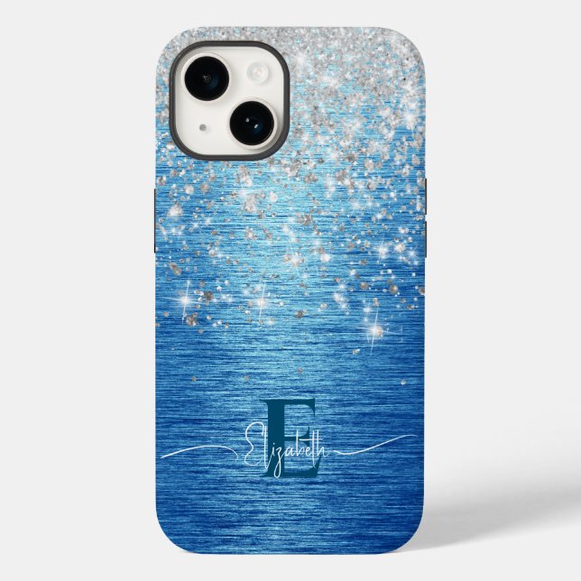 Modern Blue Brushal Metal Silver Glitzer Monogram Case-Mate iPhone Hülle (Rückseite)