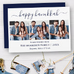 Modern Blue Calligraphy Script Hanukkah 3 Foto Feiertagskarte<br><div class="desc">Modern Trendy Calligraphy Script 3 Foto Family Foto Collage Happy Hanukkah Card - Navy Blue</div>