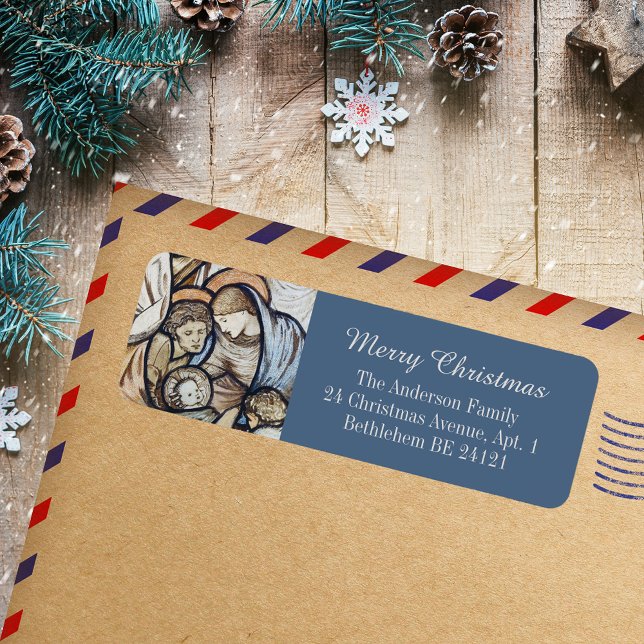 Modern Blue Christlich Merry Weihnachtskrippe (Modern Blue Religious Christian Catholic Merry Christmas Nativity Holiday Return Address Labels)