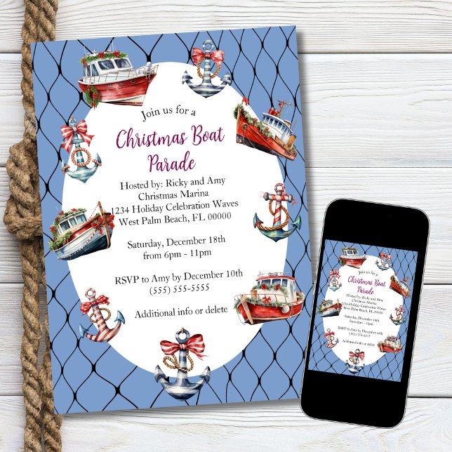 Modern Blue Christmas Boote & Anchors Frame Einladung (Von Creator hochgeladen)