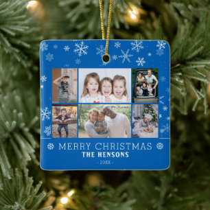 Modern Blue Christmas Family 6 Foto Collage Keramikornament