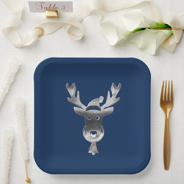 Modern Blue Christmas Imitats Silver Reindeer Pappteller (Hochzeit)