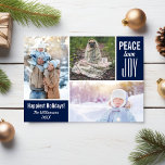 Modern Blue Christmas Peace Love Joy Photo Collage Feiertagskarte<br><div class="desc">This modern "Happiest Holidays" card features 3 photos, the words "Peace Love Joy" and customized text on the front and back. You can easily change the background color to match your holiday photos - just click on customize and then the small eye dropper. Modern and simple yet sophisticated and trendy,...</div>