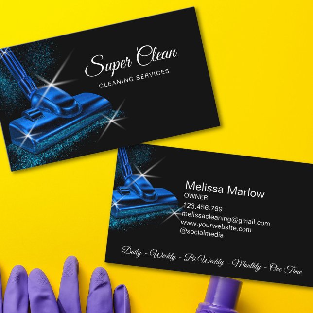 Modern Blue Commercial House Cleaning Service Visitenkarte (MODERN BLUE GLITTER VACUUM CLEANER BUSINESS CARD)