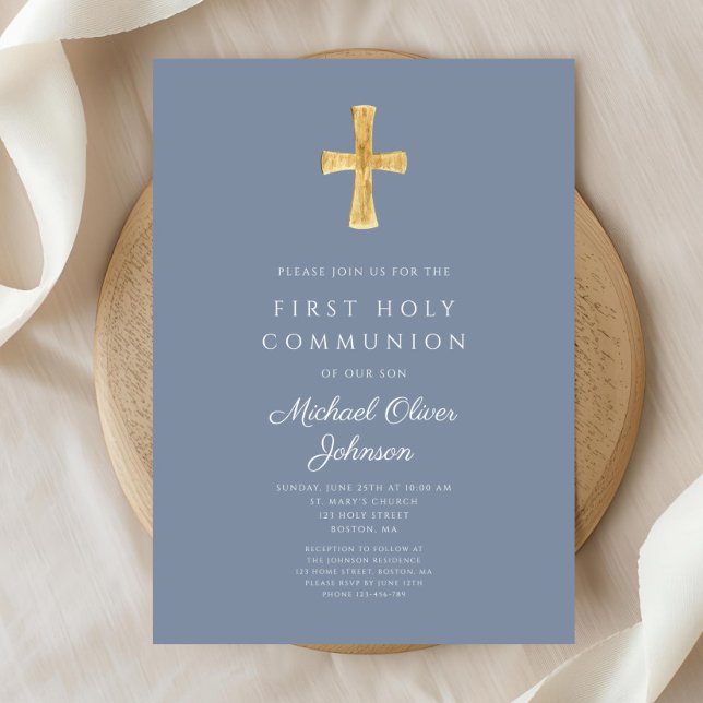 Modern Blue Cross Religious Boy First Communion Einladung (Modern Blue Cross Religious Boy First Communion Invitation)