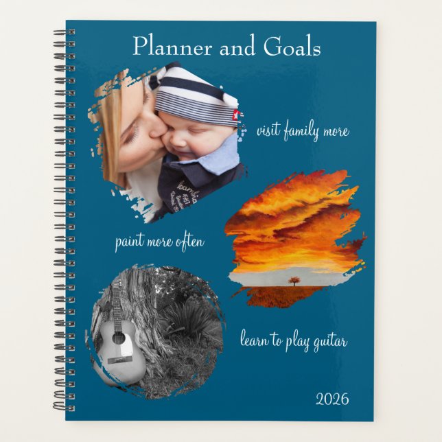 Modern Blue Custom Photo Collage Planner Goals Planer (Vorderseite)