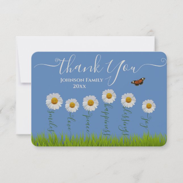 Modern Blue Daisy Floral Danke Typografie (Vorderseite)