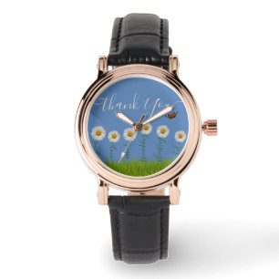 Modern Blue Daisy Floral Danke Typografie Armbanduhr