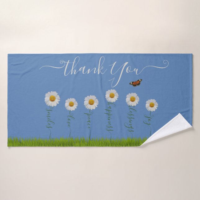 Modern Blue Daisy Floral Danke Typografie Badehandtuch (Badehandtuch)