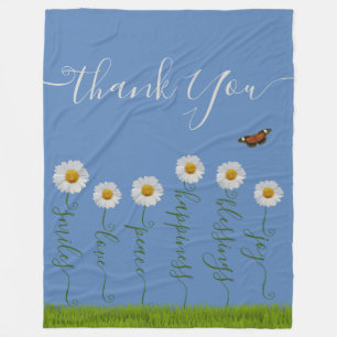 Modern Blue Daisy Floral Danke Typografie Fleecedecke