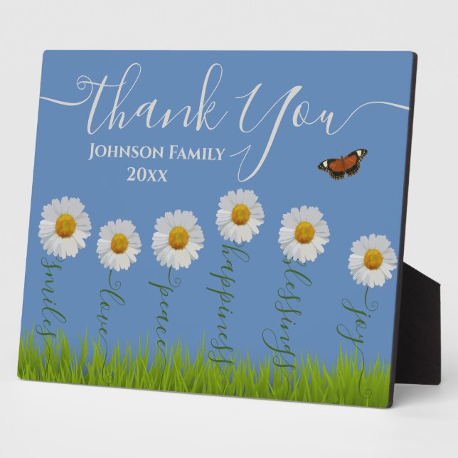 Modern Blue Daisy Floral Danke Typografie Fotoplatte (Seite)