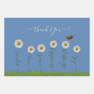 Modern Blue Daisy Floral Danke Typografie Geschenkpapier Set