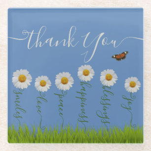 Modern Blue Daisy Floral Danke Typografie Glasuntersetzer