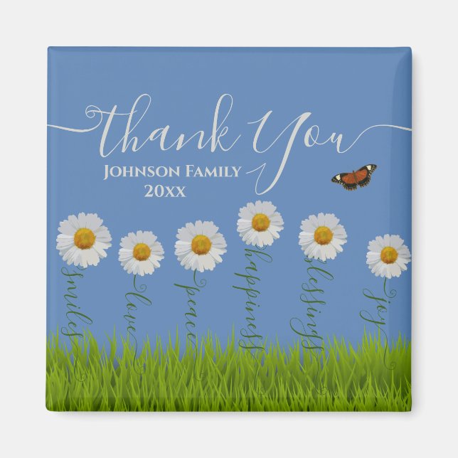 Modern Blue Daisy Floral Danke Typografie Magnet (Vorne)