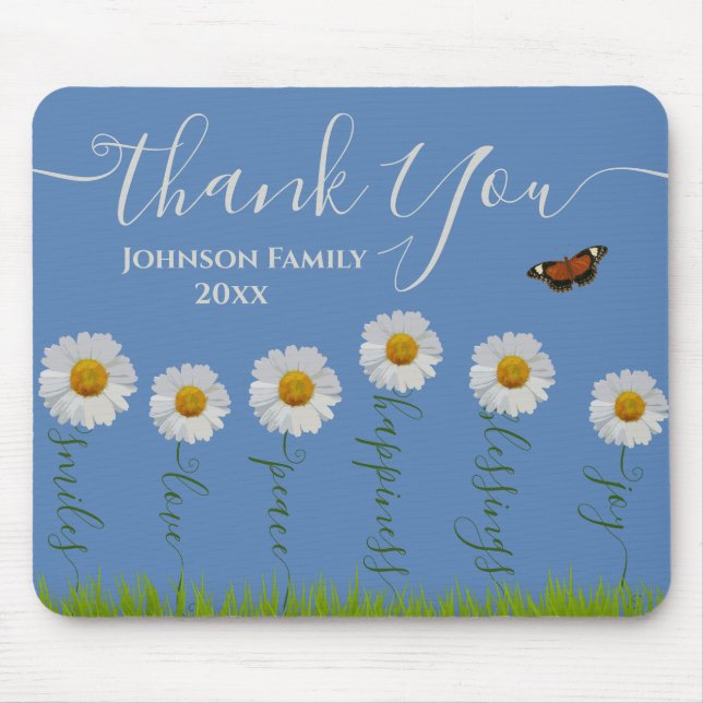 Modern Blue Daisy Floral Danke Typografie Mousepad (Vorne)