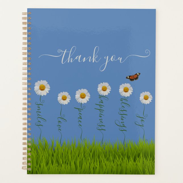 Modern Blue Daisy Floral Danke Typografie Planer (Vorderseite)