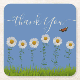 Modern Blue Daisy Floral Danke Typografie Rechteckiger Pappuntersetzer