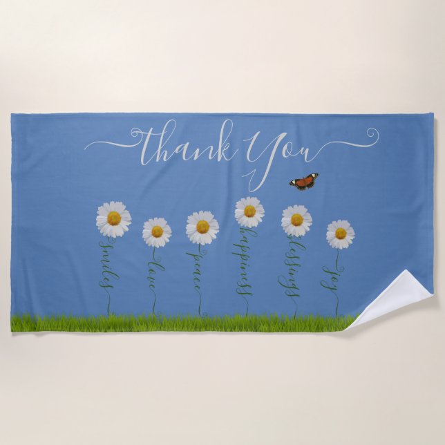 Modern Blue Daisy Floral Danke Typografie Strandtuch (Vorderseite)