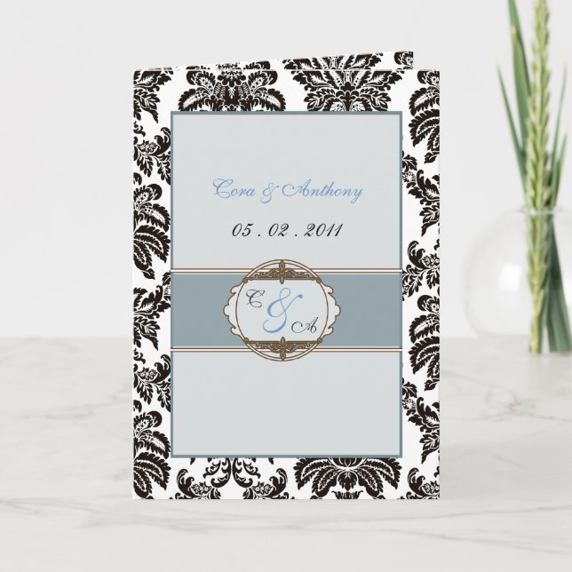 Modern Blue Damask Hochzeit Dankeschön Karte (Vorderseite)
