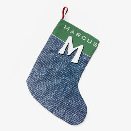 Modern Blue Denim Jeans Monogram Name Kids Kleiner Weihnachtsstrumpf