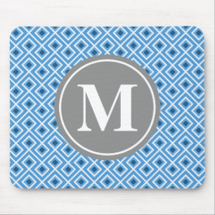 Modern Blue Diamond Graphic Pattern Monogram Mousepad