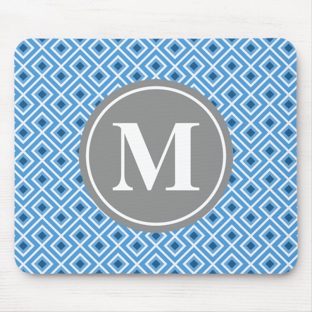 Modern Blue Diamond Graphic Pattern Monogram Mousepad (Vorne)