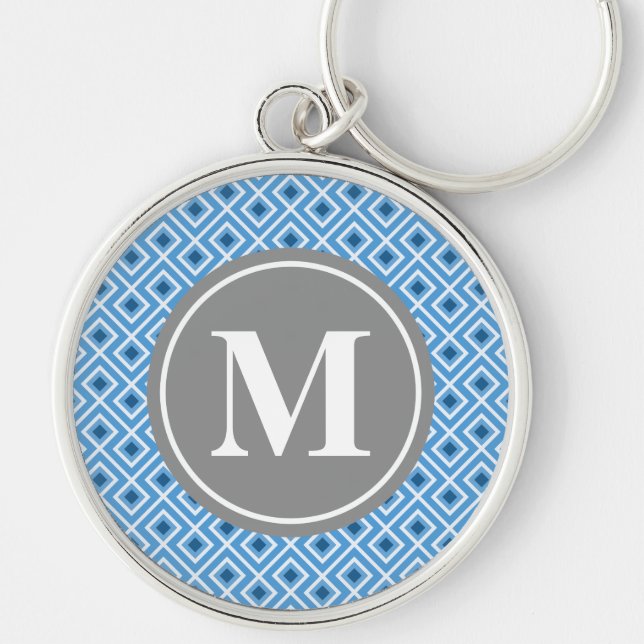 Modern Blue Diamond Graphic Pattern Monogram Schlüsselanhänger (Vorne)