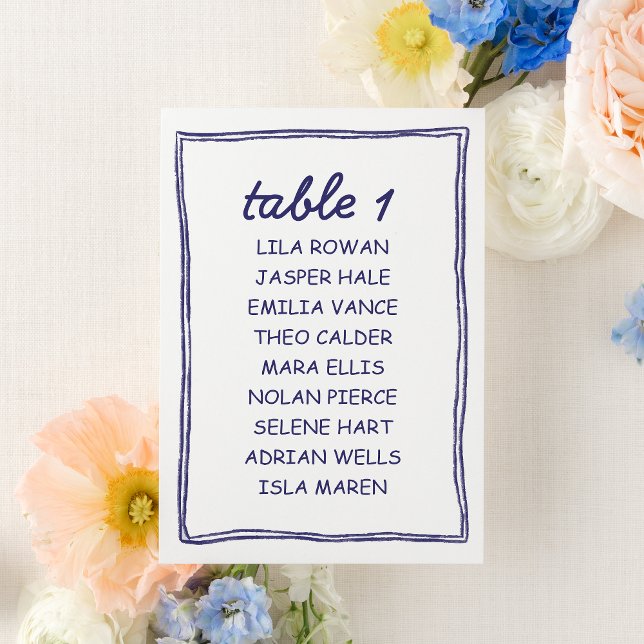 Modern Blue Doodle Wedding Seating Chart Card Tischnummer (Von Creator hochgeladen)