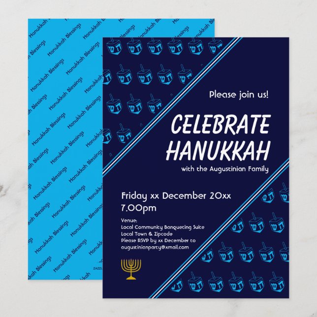 Modern Blue DREIDEL Custom CELEBRATE HANUKKAH Einladung (Vorne/Hinten)