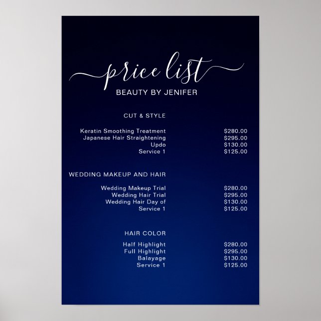 Modern Blue Elegant Schönheitssalon Preisliste Poster (Vorne)