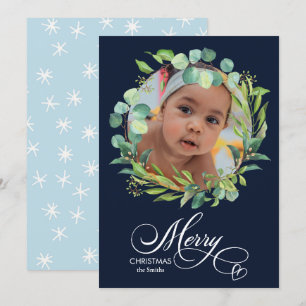 Modern Blue Elegant Script Eucalyptus Foliage Feiertagskarte