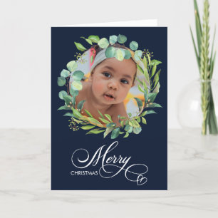 Modern Blue Elegant Script Eucalyptus Foliage Feiertagskarte