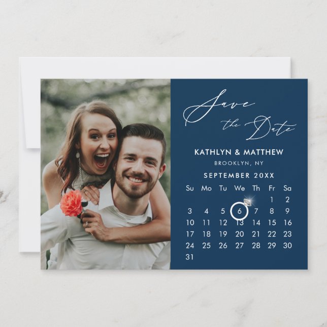 Modern Blue Elegante Script Custom Calendar Foto Save The Date (Vorderseite)
