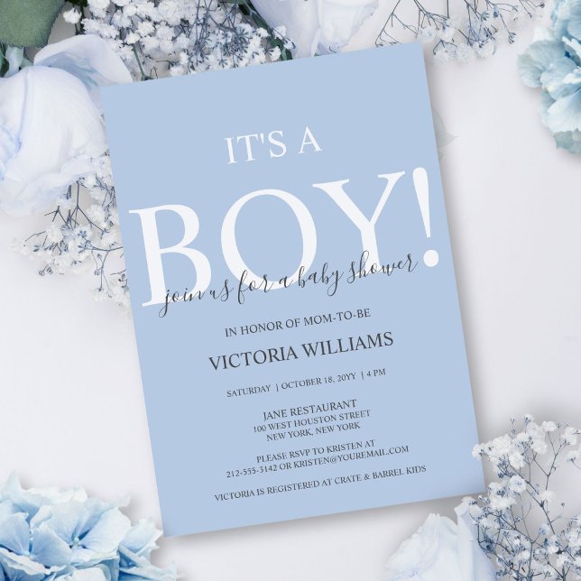 Modern Blue Es ist eine Baby Typografie Baby Dusch Einladung (This simple, dusty blue baby shower invite is perfect for a mom expecting a baby boy.)