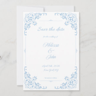 Modern Blue Filigree French Country Save the Date Einladung