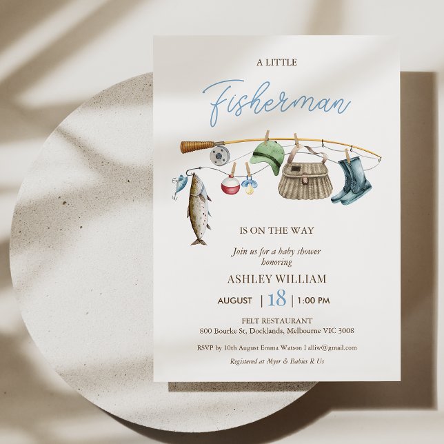 Modern Blue Fishing Rod Boys Fishing Baby Dusche Einladung (Fishing Baby Shower Invitation Template Baby Boy, Fishing Rod Baby Shower Invite, Little Fisherman
)