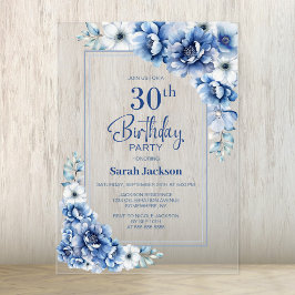 Modern Blue Floral 30. Geburtstag Party Acryleinladungen