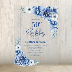 Modern Blue Floral 50. Geburtstagsparty Acryleinladungen