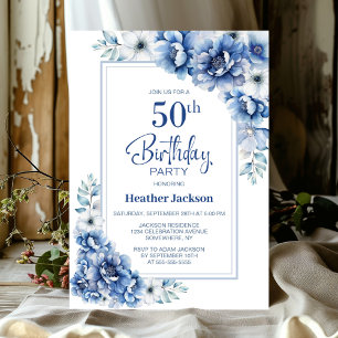 Modern Blue Floral 50. Geburtstagsparty Einladung