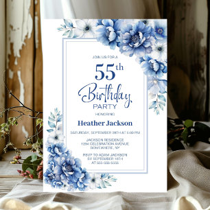 Modern Blue Floral 55. Geburtstagsparty Einladung