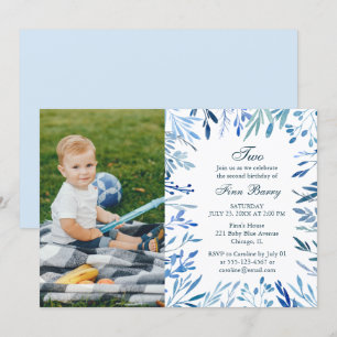 Modern Blue Floral Boy 2. Geburtstag Foto Einladung