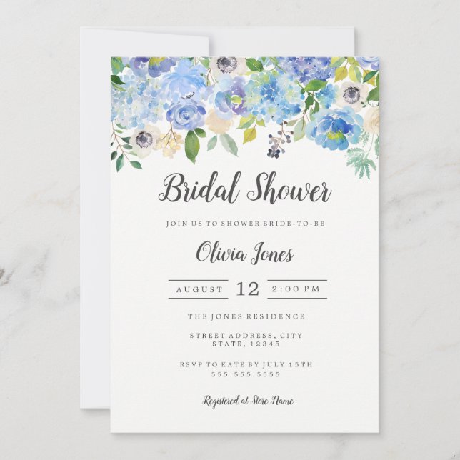 Modern Blue Floral Brautparty Card Einladung (Vorderseite)