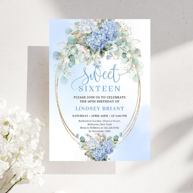 Modern Blue Floral Eucalyptus Gold Sweet 16 Invite Einladung (Modern Blue Floral Eucalyptus Gold Sweet 16 Invite)