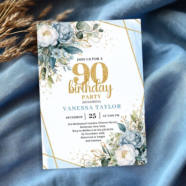 Modern Blue Floral Gold Frame 90th Birthday Invite Einladung (Modern Blue Floral Gold Frame 90th Birthday Invite)