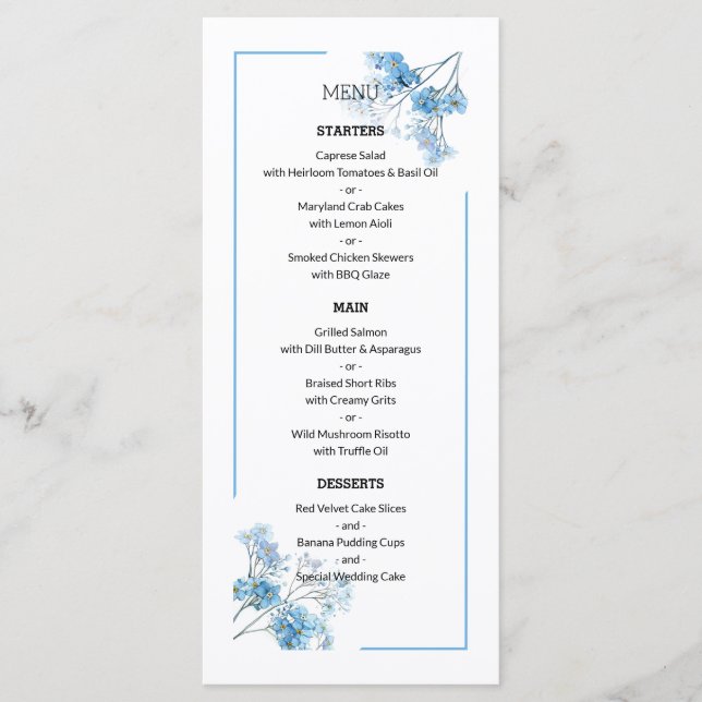 Modern Blue Floral Pattern Forget-Me-Not Wedding Menükarte (Vorderseite)