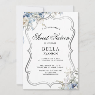 Modern Blue Floral Silver 16 . Geburtstag Einladun Einladung