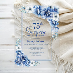 Modern Blue Floral Surprise 75. Geburtstagsparty Acryleinladungen