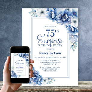 Modern Blue Floral Surprise 75. Geburtstagsparty Einladung