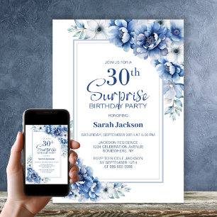 Modern Blue Floral Überraschung 30. Geburtstag Par Einladung